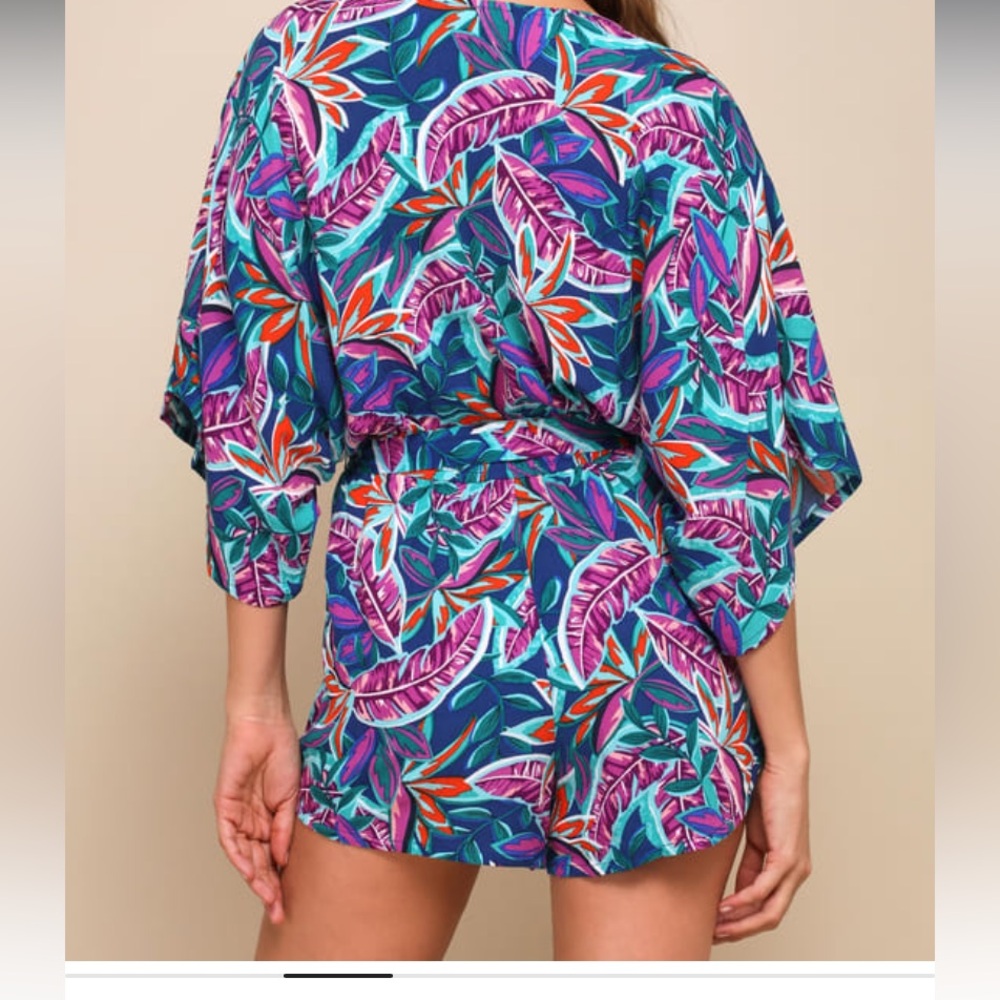 Lulu's Tropical Print V-Neck Romper in Teal & Purple - Picture 2 of 6